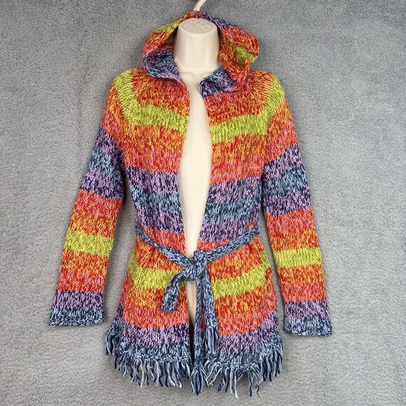 American Girl Girls L Cardigan Sweater Rainbow Stripe Wool Blend Fringe Hooded - Picture 12 of 12